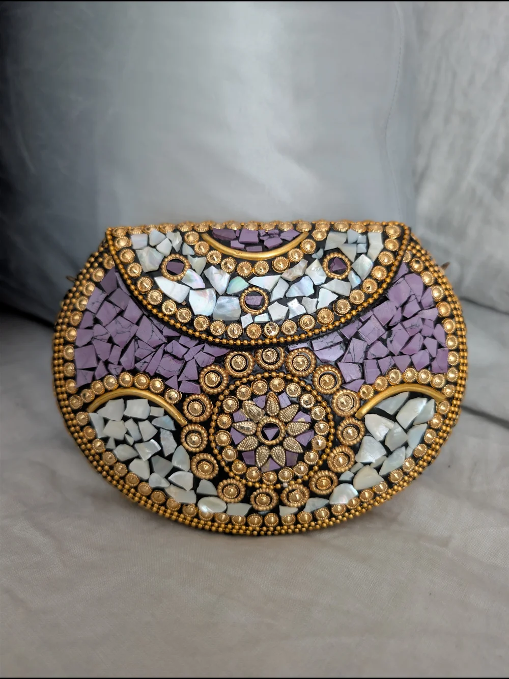 NWT RAMLA Beverly Hills Handmade Mosaic Stone Clutch Bag Purple Gold
